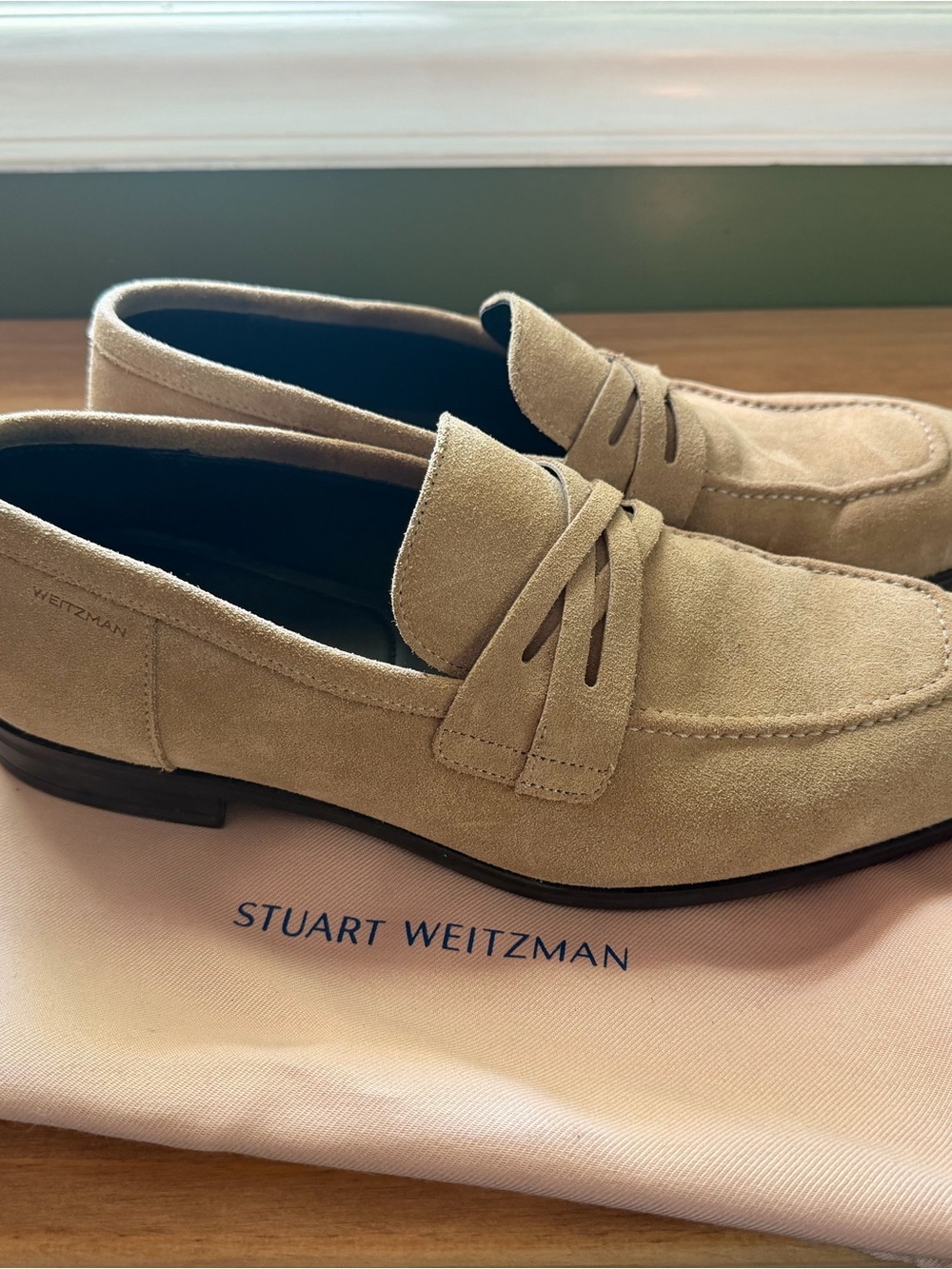Stuart Weitzman Mens Suede Penny Loafers in Light Tan
